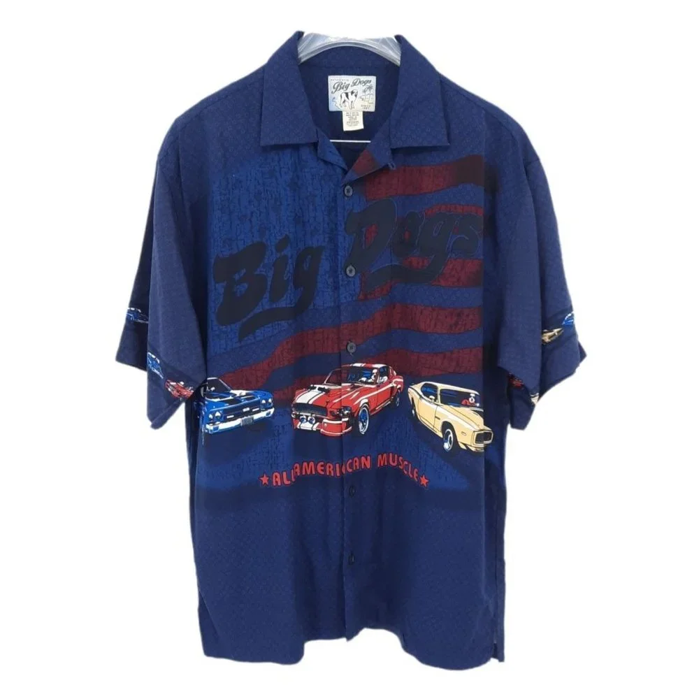 VTG 90s Y2K Big Dogs Muscle Cars Mustang Classics Rayon Hawaiian Shirt Stars USA
